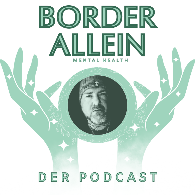 Logo des Podcasts "Border Allein" mit einer Porträtaufnahme und stilisierten Grafiken.