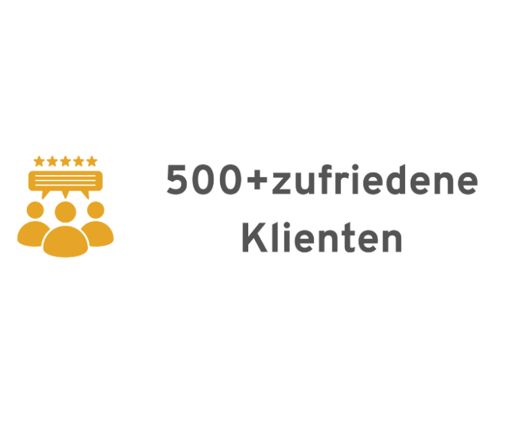Symbol mit Menschen und der Aufschrift „500+ zufriedene Kunden“.