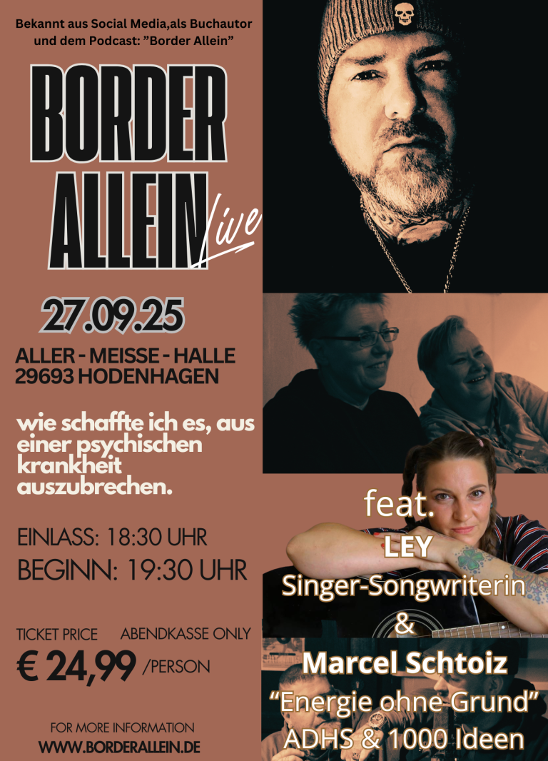 Konzertankündigung für "BORDER ALLEIN" am 27.09. in der Mezze-Halle. Eintritt: 24,99 €.
